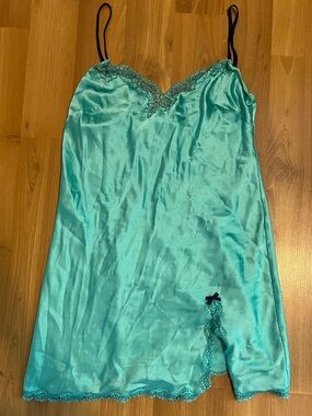 Vintage VS - Silk-Feel Teal Lace Trim Slip Dress - Women Intimates